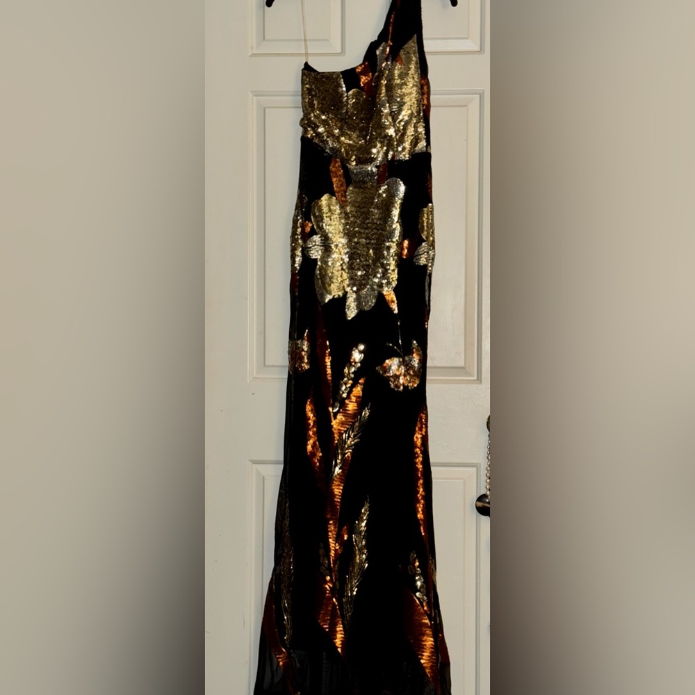 Black evening gown with gold, copper & silver sequined floral design. Large.